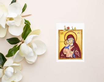 Theotokos and Christ Tenderness Mini Print Set, Pack of 3, 2.5 x 3.5 inch, Icon Illustration, Orthodox Christian, Watercolor