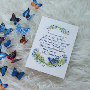 Impression de prière de fausse couche, Perte de grossesse et d’enfant, Maternité, Prière orthodoxe, Papillon, Renoncules, Forget Me Nots, Couronne florale