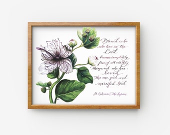 St. Ephraim the Syrian Print, "Blessed is he who has in the Lord...", Syrian Caper Plant, Purple blooms, Syrian saint, Orthodox Christian