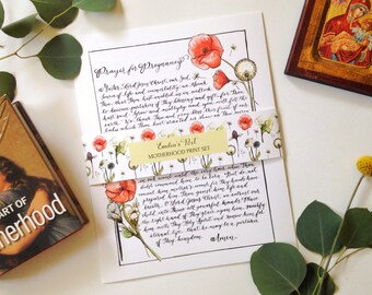 Motherhood Print Set, Orthodox Christianity, Ancient Prayer, Calligraphy, Illustration, Hand lettering, Floral, 8x10