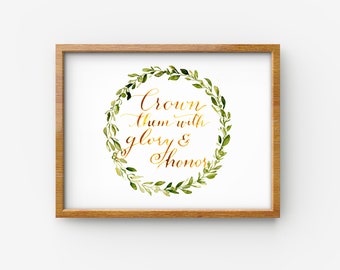 Crown them 5x7 Print, Wedding Gift, Orthodox Wedding, Olive Wreath, Gold Calligraphy