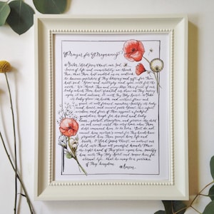 Una preghiera per la gravidanza, preghiera cristiana ortodossa, cattolica, calligrafia, lettere, arancione, papaveri, 8x10