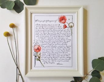 A Prayer for Pregnancy, Orthodox Christian Prayer, Catholic, Calligraphy, Lettering, Orange, Poppies, 8x10