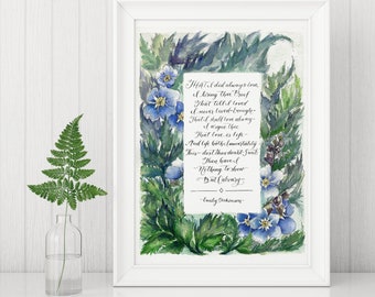 Emily Dickinson, das habe ich immer Liebe, Vergissmeinnicht, Farne, ewige Liebe, botanische Aquarell, 5 x 7, 8 x 10