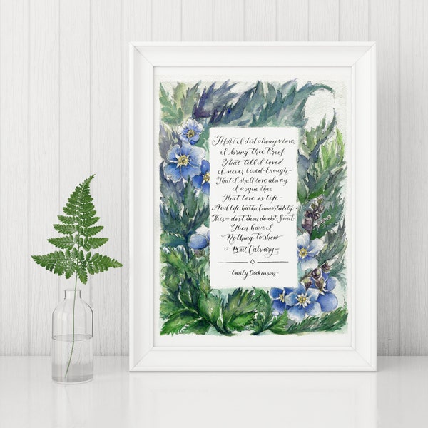 Emily Dickinson, That I Did Always Love, Forget Me Nots, Ferns, Eternal love, Botanical watercolor, 5x7, 8x10