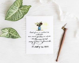 St. John of the Cross Art Print, Catholic Saint Quote, Calligraphy, Watercolor Blue Vase, God Parent, Flower Print