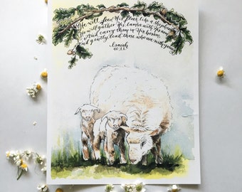 He will gently lead those who are with young, Isaiah 40:11, Mother's Day Print, Lamb illustration, Oak tree branch, Nursery decor
