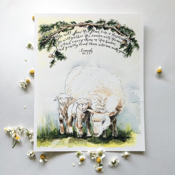 He will gently lead those who are with young, Isaiah 40:11, Mother's Day Print, Lamb illustration, Oak tree branch, Nursery decor