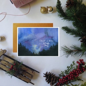 ¡Cristo ha nacido, glorifícalo! Pack de tarjetas 5x7, Juego de 3 (con sobres Kraft), Natividad, Navidad, Adviento, Tarjeta de felicitación, Acuarela, Guardería