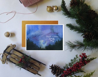 Christus ist geboren, glorify Him! 5x7 Kartenpackung, 3er-Set (mit Kraftumschlägen), Krippe, Weihnachten, Advent, Grußkarte, Aquarell, Kreche