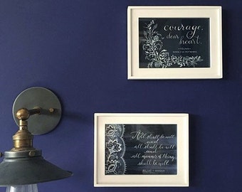 The Navy Set (C.S. Lewis & Julian of Norwich), Courage, dear heart, All shall be well, Watercolor, white text, floral, Inklings