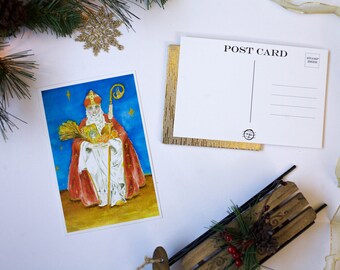 St. Nicholas Postcard Pack of 4, Watercolor Illustration, Bishop, Orthodox Christian, Nativity, Advent, Wall Decor, 4x6