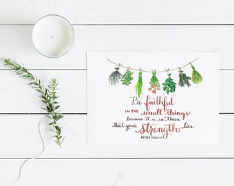 Mother Teresa Quote, Catholic Saint, Hanging Herbs Illustration, Calligraphy Wall Decor, Art Print