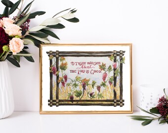 O Taste and See that the Lord is Good, Psalm 34:8, Bible, Craftsman, Grape Vine, Wheat, Bread and wine, Eucharist, Watercolor, Art print,