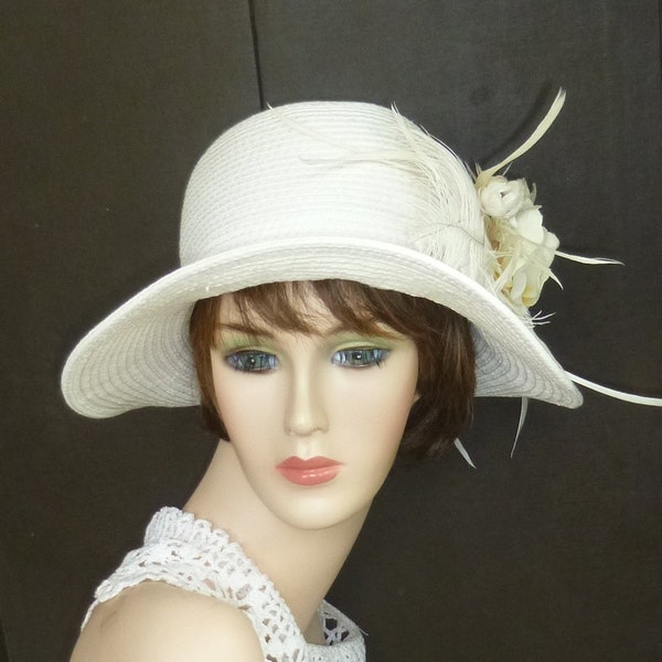 1920's inspired cotton straw cloche w/ wide brim- Gatsby, Miss Fisher sizes: xs - med.