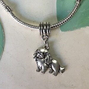 May include: A silver charm bracelet with a silver charm of a small dog hanging from it. The bracelet is on a white background with green and yellow accents.