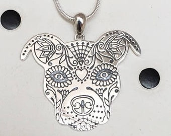 Sugar Skull Pit Bull Sterling Silver Charm Necklace - FREE SHIPPING