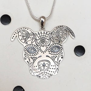 Sugar Skull Pit Bull Sterling Silver Charm Necklace - FREE SHIPPING