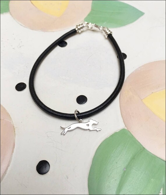 Greyhound Sterling Silver Charm on Black Cord Leather Bracelet