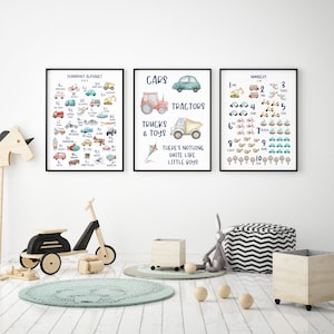 Alphabet  & Numbers Wall Print Set, Educational Kids Bedroom Wall Art, Transport Theme, Nursery Art, Kids Bedroom Decor, Planes Trains Cars