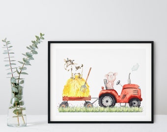 Farm Tractor Nursery Print, Farm Animal Wall Art, Neutral Nursery Wall Print, Baby Nursery Decor