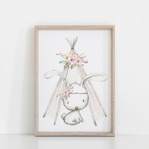 Impresión de vivero de conejito tipi floral suave, cartel de pared, impresión de niña bebé, regalo de ducha de bebé Boho, decoración de guardería A3, A4 o A5