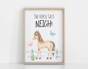 Farm Yard Horse Nursery Print, The Horse Says Neigh, Wall Art Baby Nursery Decoration A3, A4 or A5  Baby Shower Gift