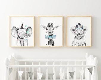 Boys Safari Zoo Animals Nursery Art Decor, Set of 3, Elephant, Giraffe, Lion, Baby Nursery Print, Wall Art