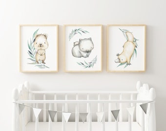 Australian Nursery Art Decor, Set of 3, Quokka, Wombat, Platypus, Australian Animal Print Baby Nursery Art A3, A4 or A5