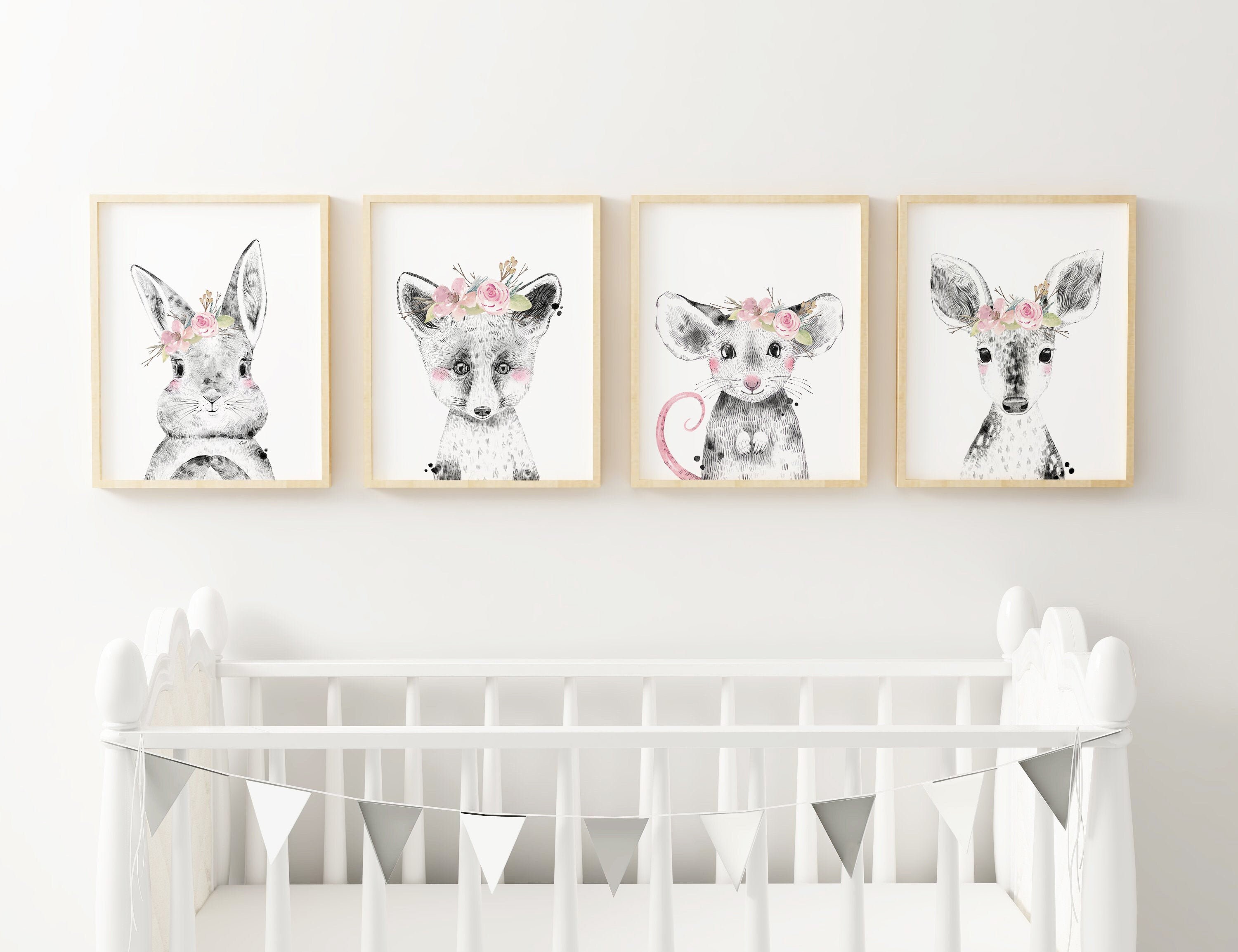 Pink Floral Woodland Animals Nursery Art Decor Set of 4 | Etsy