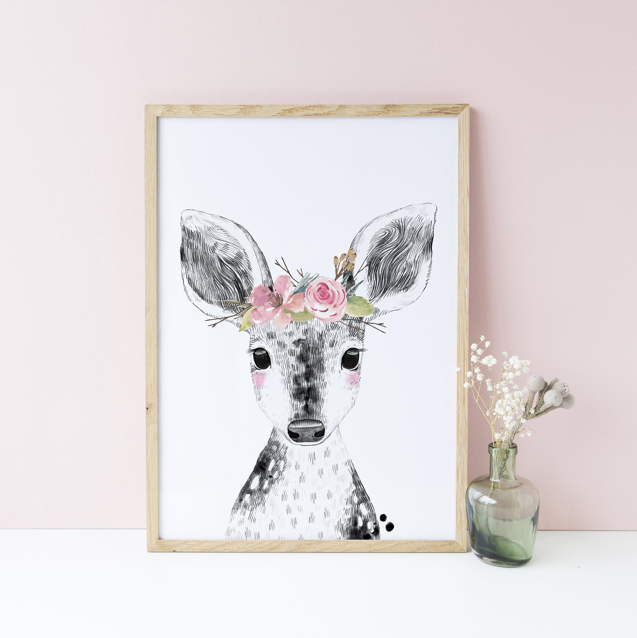 Pink Floral Woodland Animals Nursery Art Decor Set of 4 | Etsy