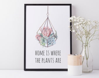 Cactus Succulent Wall Art Decor, 'Home is Where My Plants Are', Funny Humorous Print Wall Decor A3, A4 or A5