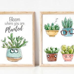 Set of 2 Cactus Prints - Plant Wall Art Prints Motivational Quote - Bloom where you are planted - Cute Cacti Characters in Pots Wall Decor