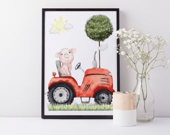 Farm Yard Tractor & Pig Nursery Print, Farm Animal Wall Art Baby Nursery Decoration