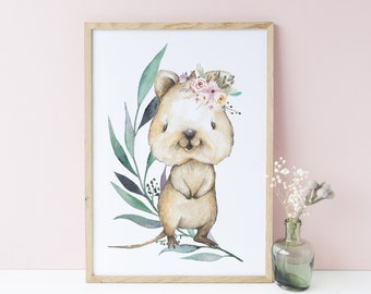 Floral Quokka Nursery Print, Australian Animal with Eucalyptus Leaves Print Baby Nursery Art Decor A3, A4 or A5 Wall Art