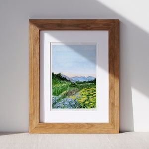 Blue Sky Meadow, 5x7, Giclee Print, Watercolor Flower Print, Art Wall Decor, Flower Art, Field, Nature Painting