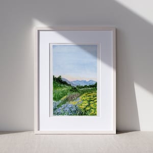 Blue Sky Meadow Print, 4x6, 8x12, 12x18, 16x24, Giclee Print, Watercolor Flower Print, Art Wall Decor, Flower Art, Field, Nature Painting