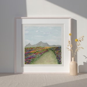 Flower Landscape Print, 6x6, 8x8, 10x10, 12x12, Giclée Print, Watercolor Flower Print, Art Wall Decor, Mountain Print, Flower Decor