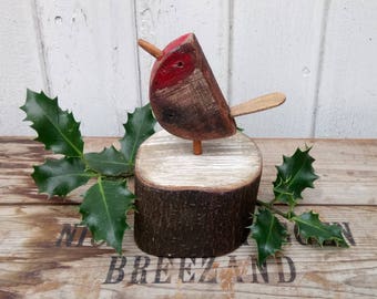 Hand Crafted Shabby Chic Rustic Reclaimed Wood Christmas Robin Ornament