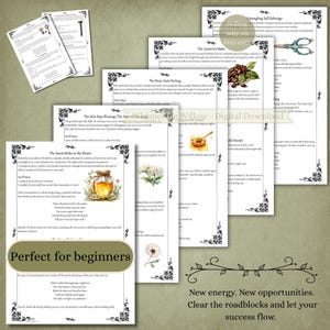 May include: A collection of printed pages featuring ritual spells with titles like The Sweet-Bribe to the Briars, The Briar-Gate Parting, and The Lantern's Wake. The documents include illustrations of honey, coffee beans, and flowers with black ornate borders.