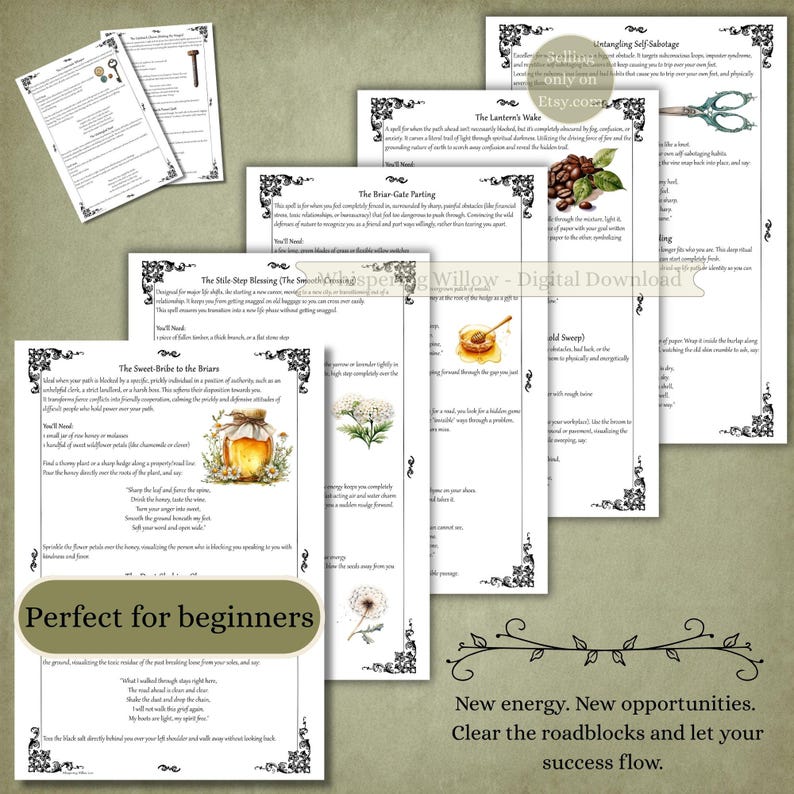 May include: A collection of printed pages featuring ritual spells with titles like The Sweet-Bribe to the Briars, The Briar-Gate Parting, and The Lantern's Wake. The documents include illustrations of honey, coffee beans, and flowers with black ornate borders.