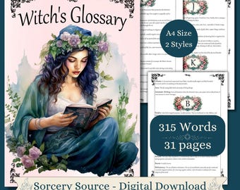 Glossario della strega, pagine del grimorio del Libro delle ombre, pagine della strega bambina, disegni ad acquerello
