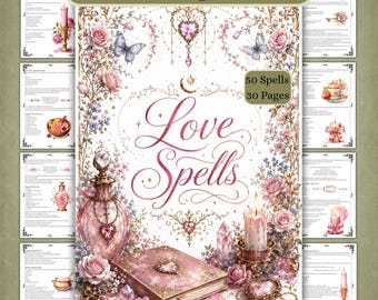 Pode incluir: Uma capa de livro digital intitulada Love Spells com rosas cor-de-rosa, borboletas, um frasco de perfume adornado com cristais, um livro fechado e uma vela acesa. O texto 50 Spells 30 Pages é visível com detalhes dourados.