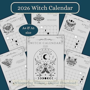 2026 Witch Calendar: Lunar Phases, Zodiac Signs, Magical Work (A4 - A5 PDF Download)