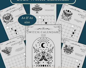 Calendario de Brujas 2026: Fases Lunares, Signos del Zodiaco, Trabajo Mágico (Descarga PDF A4-A5)