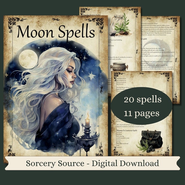 Moon Spells Book of Shadows Grimoire Pages, Lunar Magic Spells BOS Pages