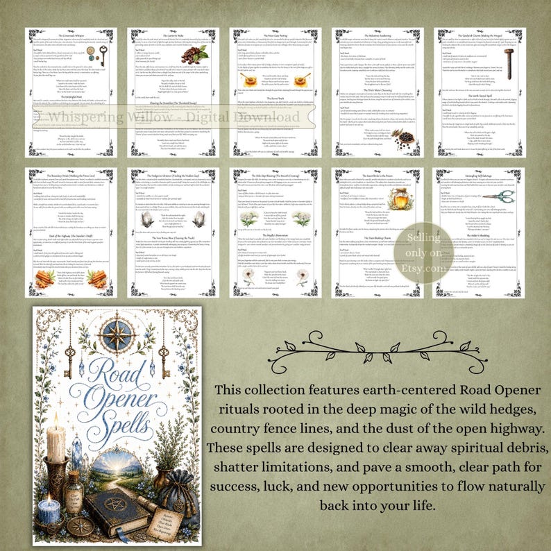 May include: A collection of digital download pages featuring Road Opener Spells with text, illustrations of keys, herbs, honey, and scissors, and a cover page titled Road Opener Spells with a compass, candles, and a book, all on a green background.
