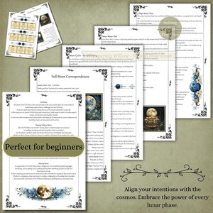 Puede incluir: Una colecci&oacute;n de p&aacute;ginas digitales con texto sobre fases lunares, ciclos lunares y planes de dieta. Los documentos incluyen bordes decorativos negros, ilustraciones de lunas, lobos y elementos florales, con encabezados como Full Moon Correspondences.