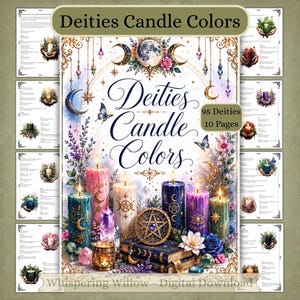 Może przedstawiać: Cyfrowy plik do pobrania zatytułowany Deities Candle Colors, zawierający 95 bóstw na 10 stronach. Centralna ilustracja przedstawia kolorowe świece, kryształy oraz motywy niebieskie, w tym księżyce, gwiazdy i motyle, w ozdobnych złotych ramkach.