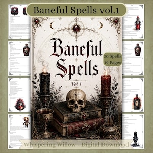 May include: A digital download titled Baneful Spells vol.1 featuring 20 spells across 19 pages. The cover displays a skull resting on two antique books, flanked by two lit candles in ornate holders, a goblet, and incense, with intricate gold filigree.